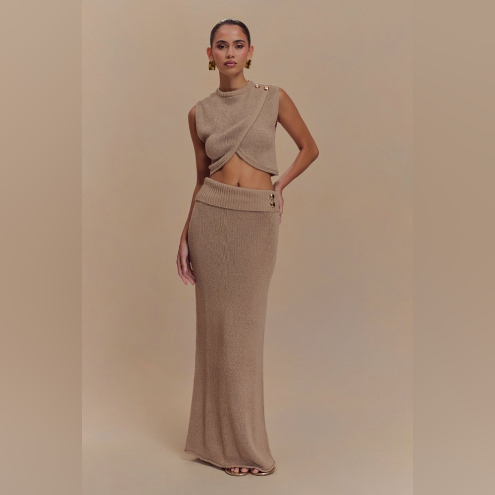 Meshki Overlay Knit Top and Knit Maxi Skirt - Latte
